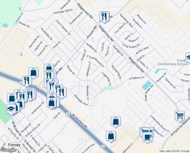 map of restaurants, bars, coffee shops, grocery stores, and more near 106 Stampede Trail in Forney