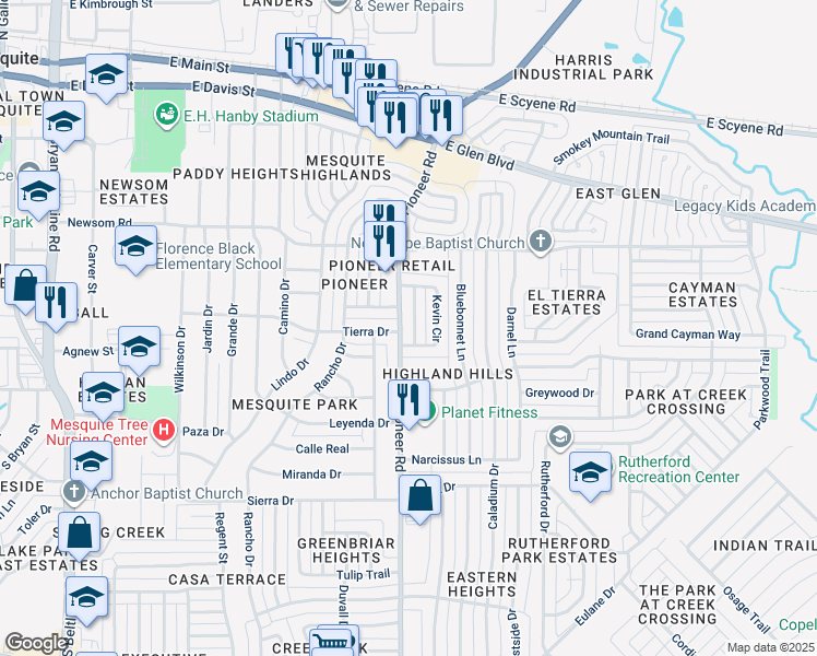 map of restaurants, bars, coffee shops, grocery stores, and more near 725 Keystone Street in Mesquite