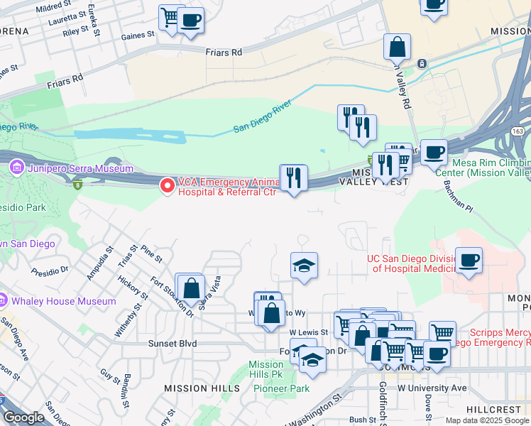 map of restaurants, bars, coffee shops, grocery stores, and more near 1605 Hotel Circle South in San Diego