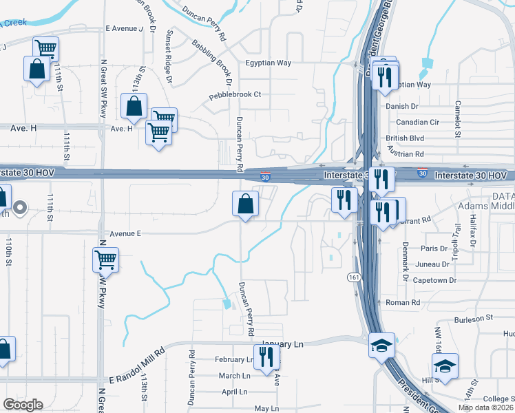 map of restaurants, bars, coffee shops, grocery stores, and more near 16 Duncan Perry Road in Grand Prairie