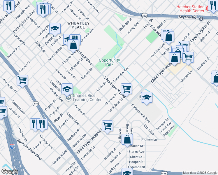map of restaurants, bars, coffee shops, grocery stores, and more near 4311 South Malcolm X Boulevard in Dallas