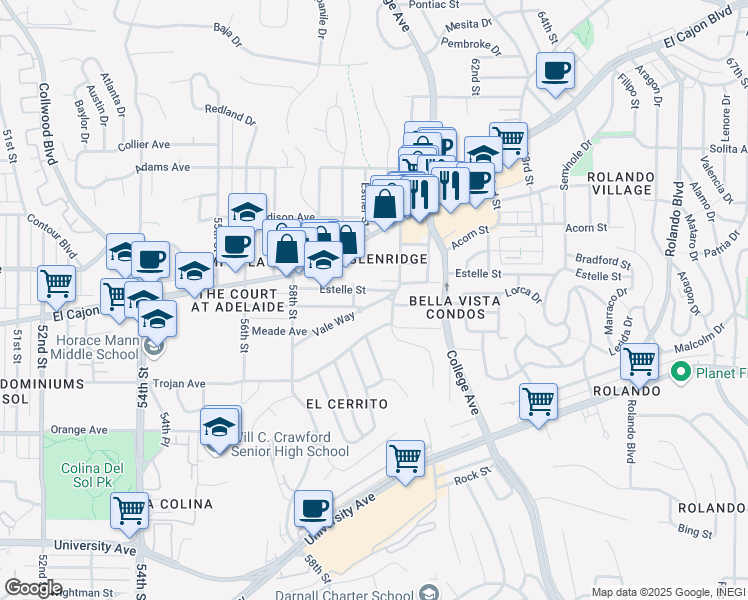 map of restaurants, bars, coffee shops, grocery stores, and more near 5936 Vale Way in San Diego