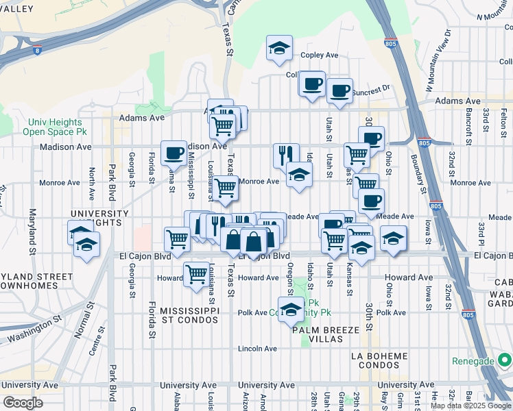 map of restaurants, bars, coffee shops, grocery stores, and more near 4429 Arizona Street in San Diego