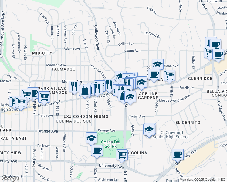 map of restaurants, bars, coffee shops, grocery stores, and more near 5275 Monroe Avenue in San Diego