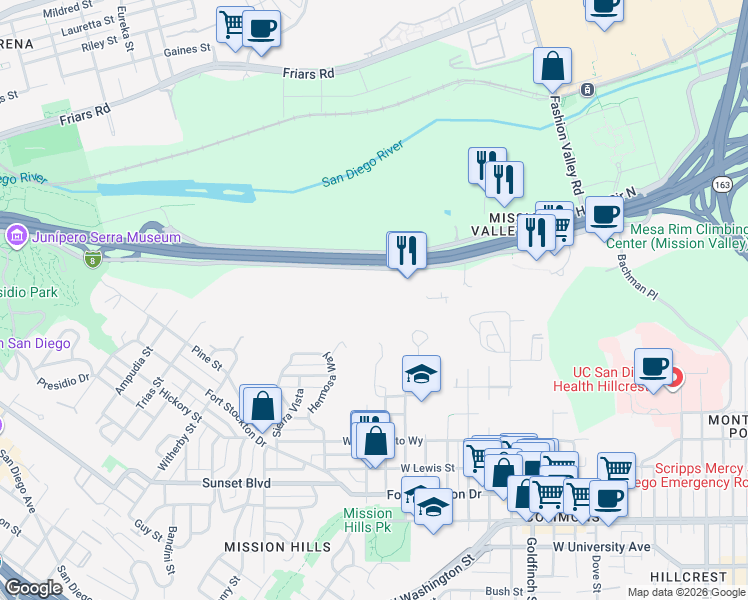 map of restaurants, bars, coffee shops, grocery stores, and more near 1615 Hotel Circle South in San Diego