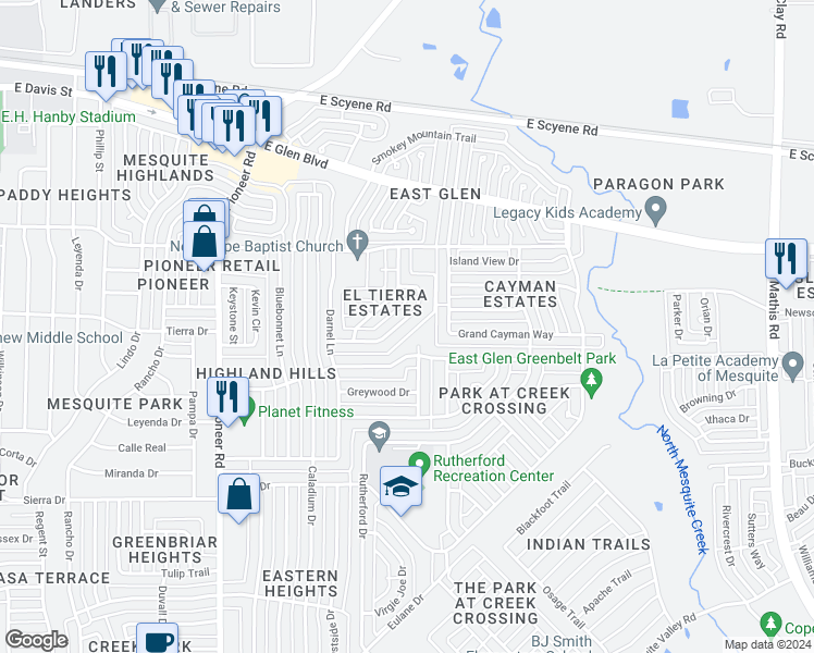 map of restaurants, bars, coffee shops, grocery stores, and more near 1628 Roundrock Trail in Mesquite