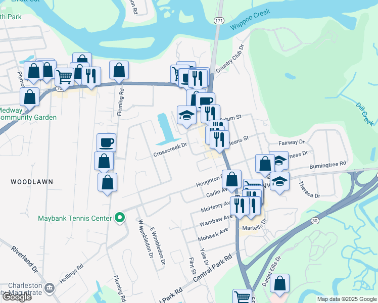 map of restaurants, bars, coffee shops, grocery stores, and more near 35 Crosscreek Drive in Charleston