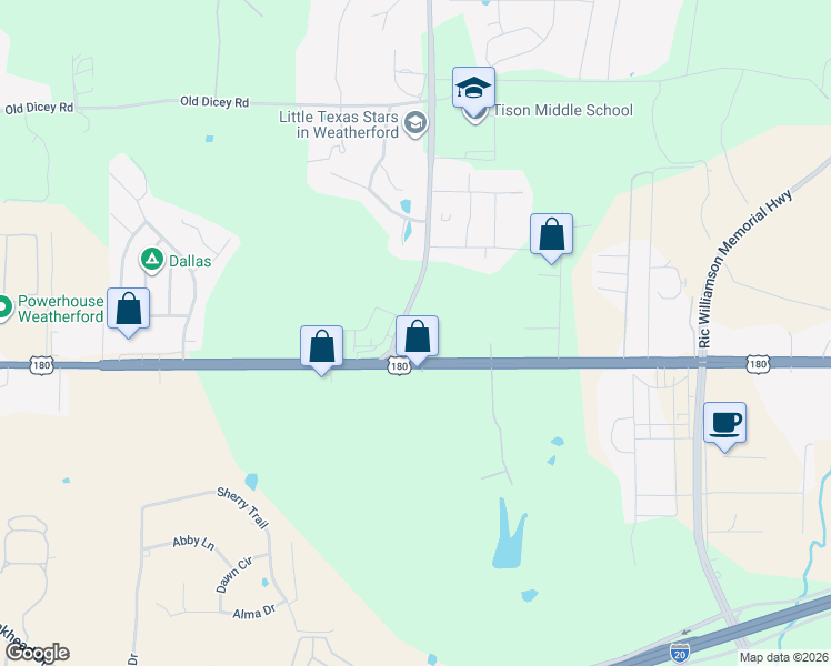 map of restaurants, bars, coffee shops, grocery stores, and more near 2101 Fort Worth Highway in Weatherford