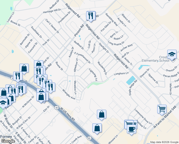 map of restaurants, bars, coffee shops, grocery stores, and more near 114 Galloping Trail in Forney
