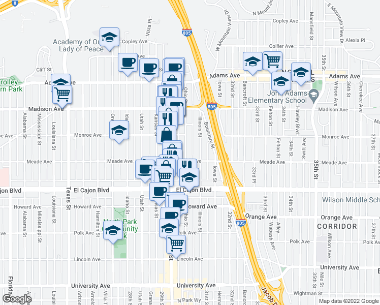 map of restaurants, bars, coffee shops, grocery stores, and more near 4459 Ohio Street in San Diego