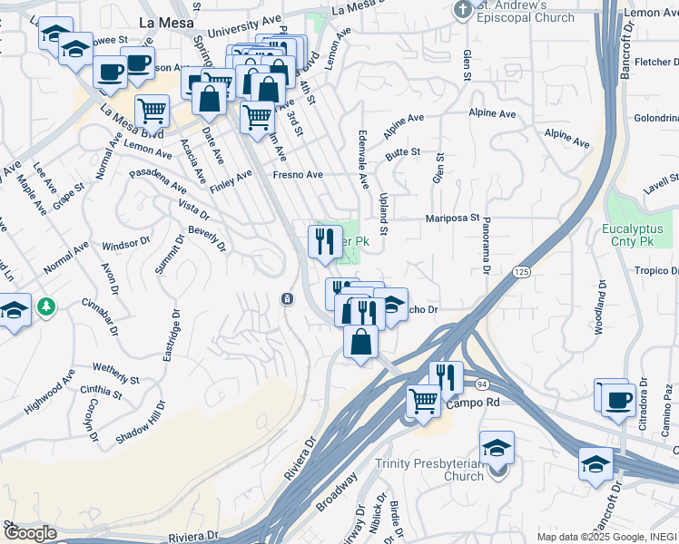 map of restaurants, bars, coffee shops, grocery stores, and more near 4340 Palm Avenue in La Mesa
