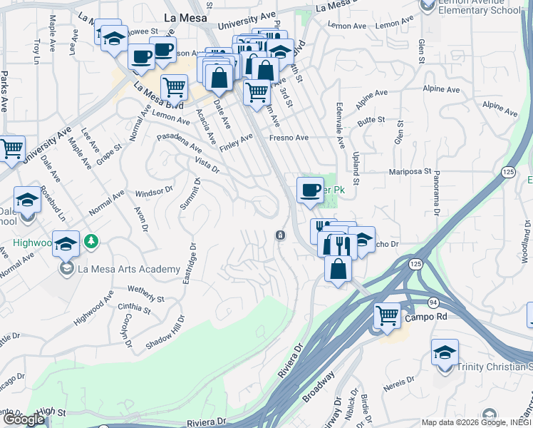 map of restaurants, bars, coffee shops, grocery stores, and more near 4430 Date Avenue in La Mesa