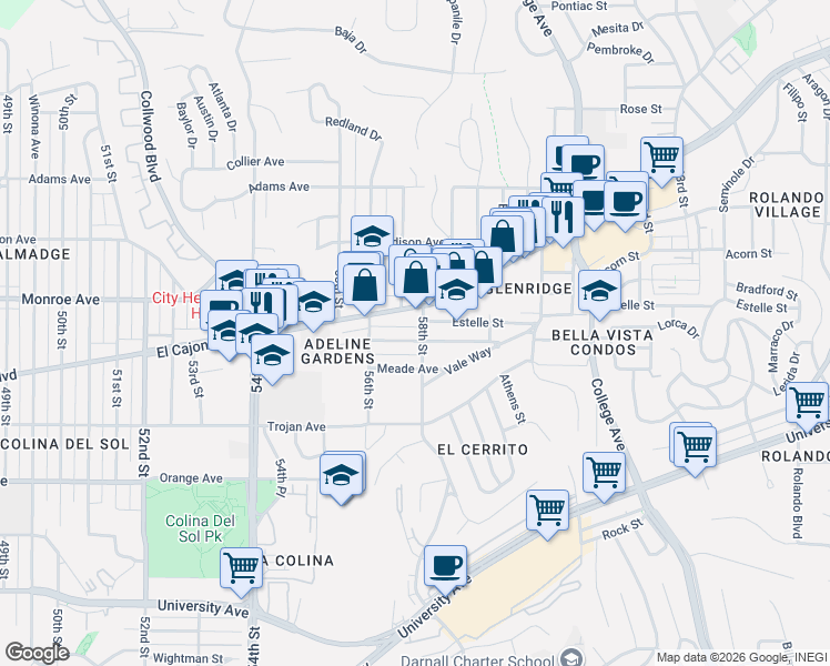 map of restaurants, bars, coffee shops, grocery stores, and more near 5731 El Cajon Boulevard in San Diego