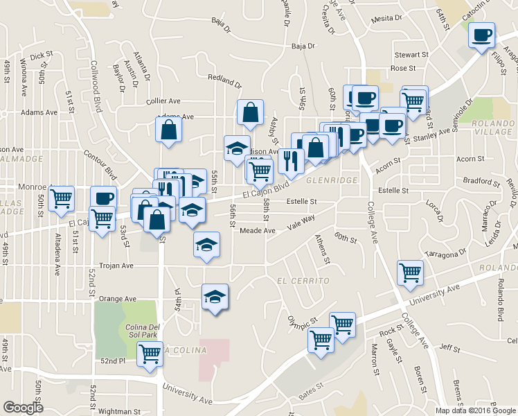 map of restaurants, bars, coffee shops, grocery stores, and more near 5731 El Cajon Boulevard in San Diego