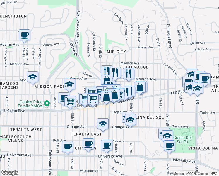 map of restaurants, bars, coffee shops, grocery stores, and more near 4496 1/2 48th Street in San Diego