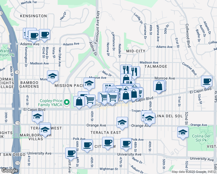 map of restaurants, bars, coffee shops, grocery stores, and more near 4490 Menlo Avenue in San Diego