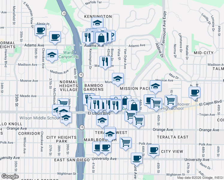 map of restaurants, bars, coffee shops, grocery stores, and more near 4477 42nd Street in San Diego