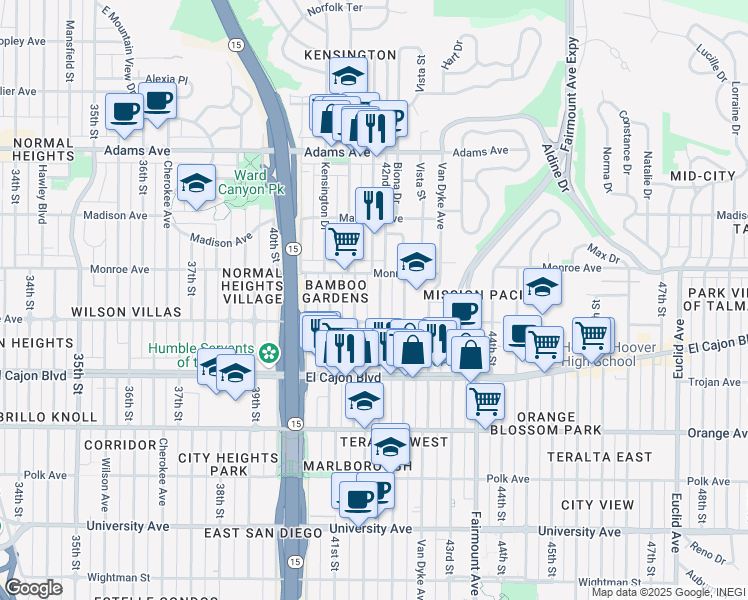 map of restaurants, bars, coffee shops, grocery stores, and more near 4477 42nd Street in San Diego