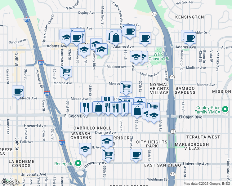 map of restaurants, bars, coffee shops, grocery stores, and more near 3535 Monroe Avenue in San Diego