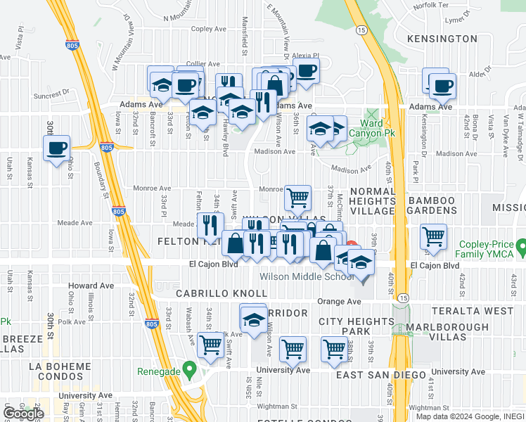 map of restaurants, bars, coffee shops, grocery stores, and more near 3535 Monroe Avenue in San Diego
