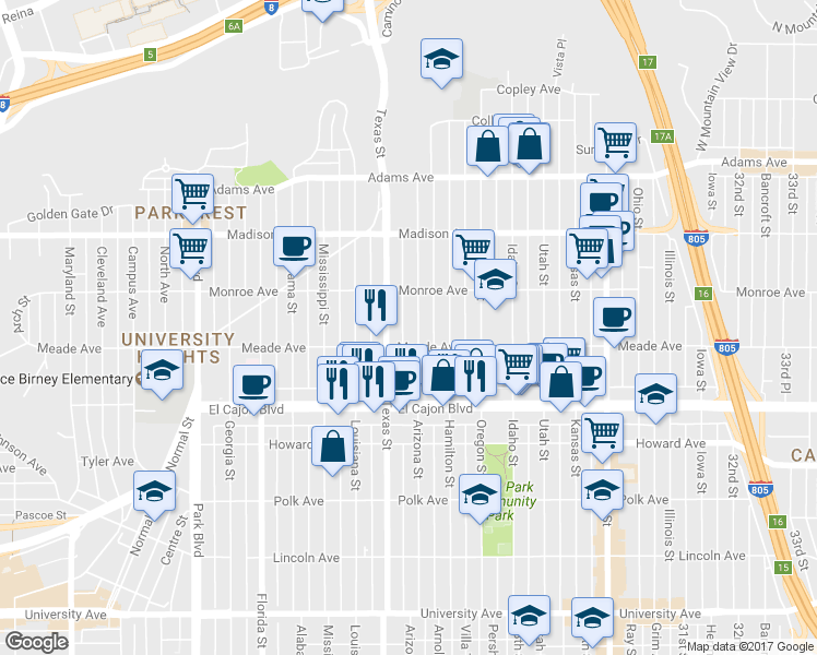 map of restaurants, bars, coffee shops, grocery stores, and more near 4464 Arizona Street in San Diego