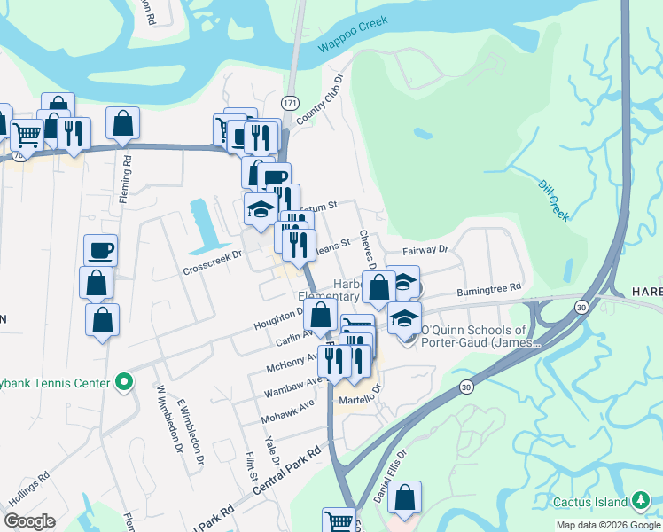 map of restaurants, bars, coffee shops, grocery stores, and more near 403 Martello Drive in Charleston