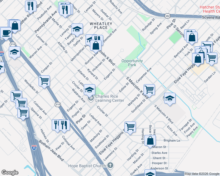 map of restaurants, bars, coffee shops, grocery stores, and more near 2626 Lobdell Street in Dallas