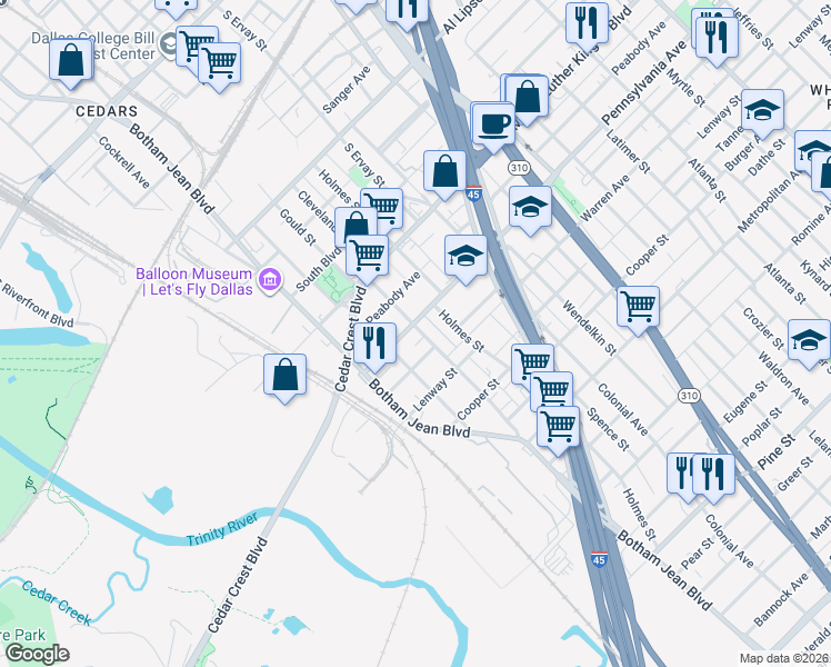 map of restaurants, bars, coffee shops, grocery stores, and more near 3203 Holmes Street in Dallas