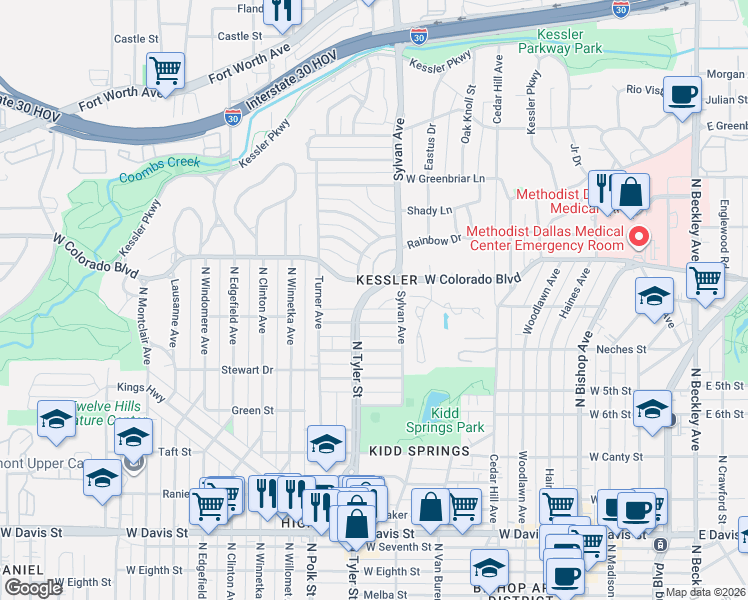 map of restaurants, bars, coffee shops, grocery stores, and more near 910 West Colorado Boulevard in Dallas