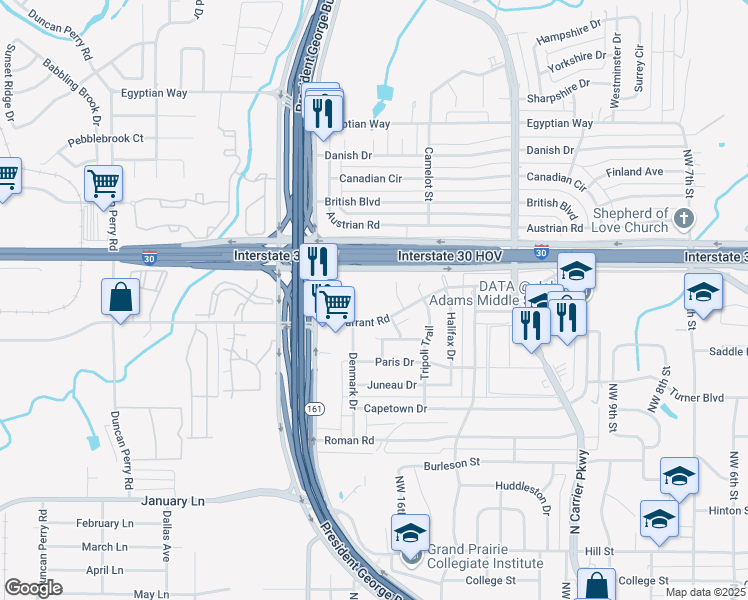 map of restaurants, bars, coffee shops, grocery stores, and more near 1750 West Tarrant Road in Grand Prairie