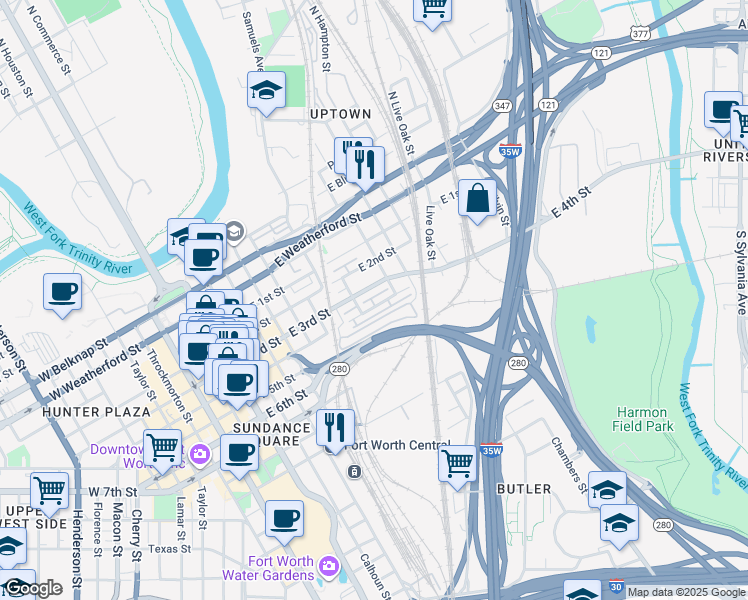 map of restaurants, bars, coffee shops, grocery stores, and more near in Fort Worth
