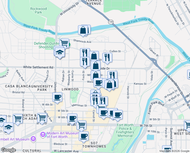 map of restaurants, bars, coffee shops, grocery stores, and more near 109 Carroll Street in Fort Worth