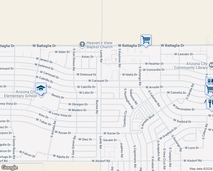map of restaurants, bars, coffee shops, grocery stores, and more near 11119 West Carousel Drive in Arizona City