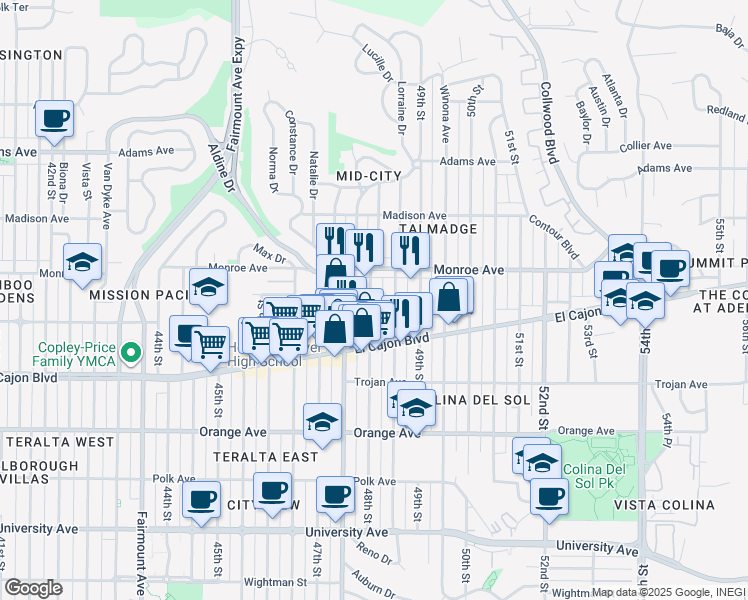 map of restaurants, bars, coffee shops, grocery stores, and more near 4496 1/2 48th Street in San Diego