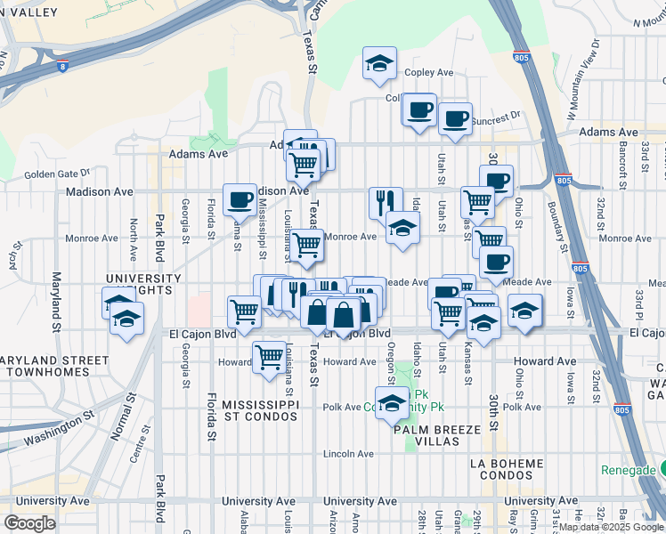 map of restaurants, bars, coffee shops, grocery stores, and more near 4464 Arizona Street in San Diego