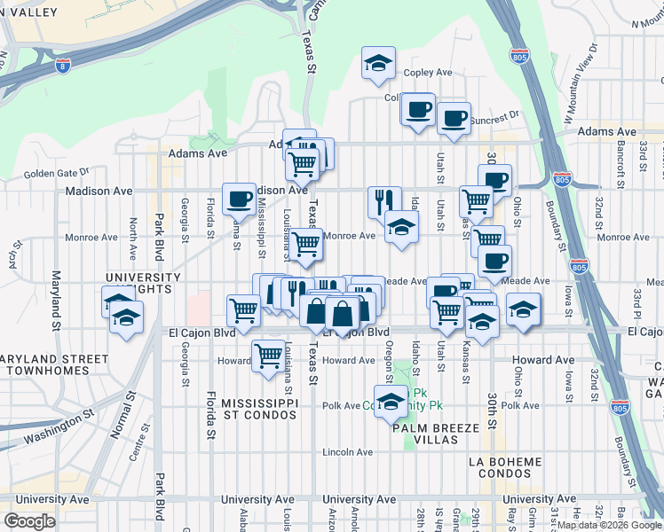 map of restaurants, bars, coffee shops, grocery stores, and more near 4436 Arizona Street in San Diego