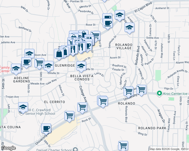 map of restaurants, bars, coffee shops, grocery stores, and more near 4453 Carling Drive in San Diego