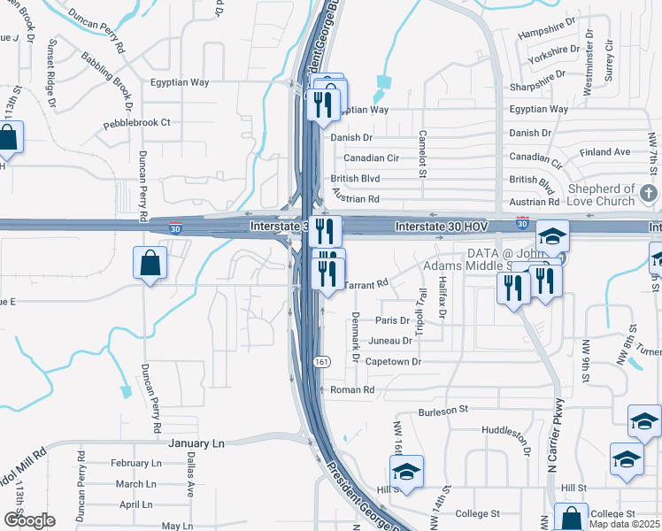 map of restaurants, bars, coffee shops, grocery stores, and more near 1404 Northwest 19th Street in Grand Prairie