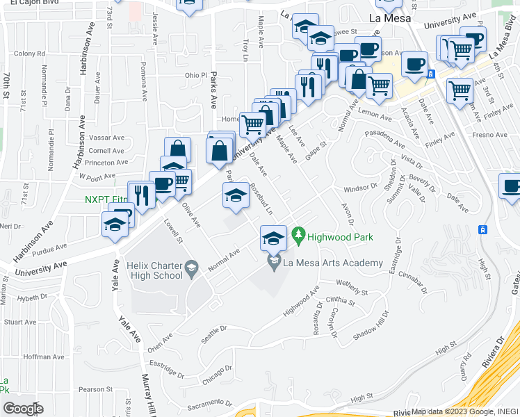 map of restaurants, bars, coffee shops, grocery stores, and more near 4376 Rosebud Lane in La Mesa