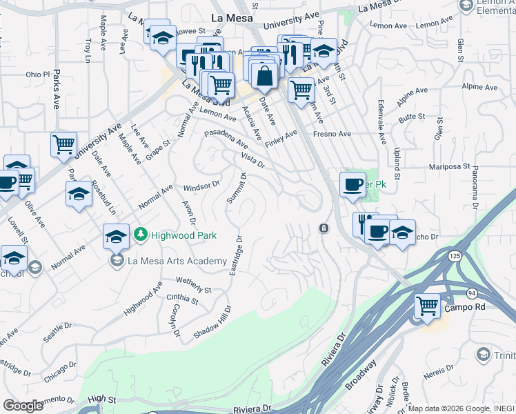 map of restaurants, bars, coffee shops, grocery stores, and more near 4355 Valle Drive in La Mesa