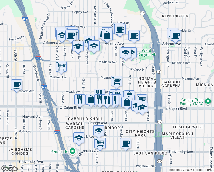 map of restaurants, bars, coffee shops, grocery stores, and more near 3535 Monroe Avenue in San Diego
