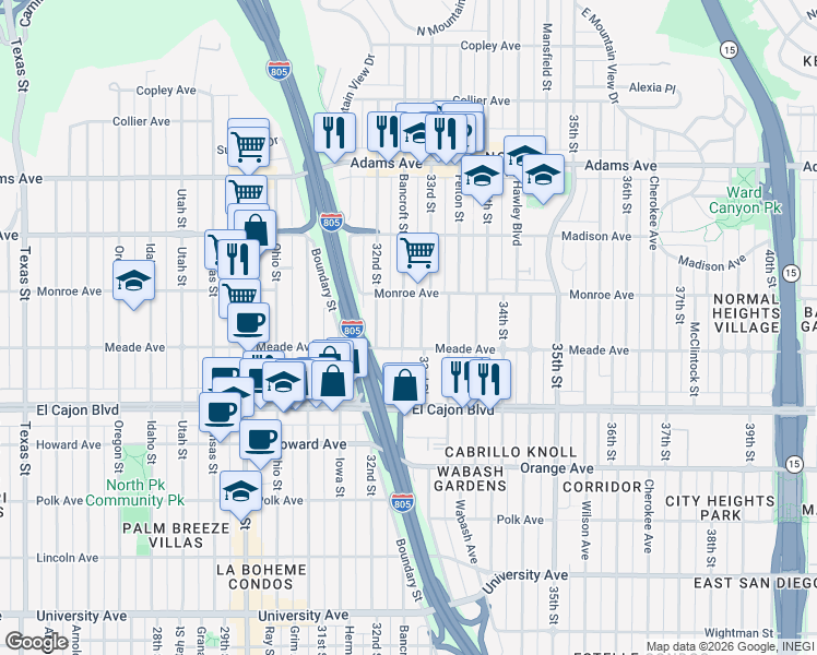 map of restaurants, bars, coffee shops, grocery stores, and more near 4459 32nd Street in San Diego