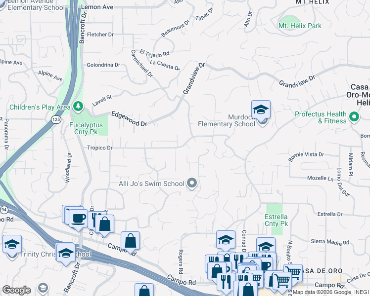 map of restaurants, bars, coffee shops, grocery stores, and more near 4234 Highland Glen Way in La Mesa