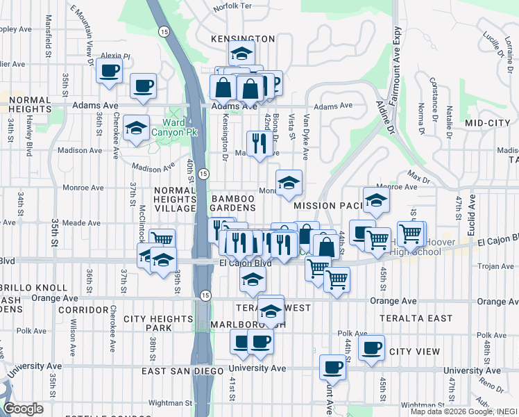 map of restaurants, bars, coffee shops, grocery stores, and more near 4444 42nd Street in San Diego
