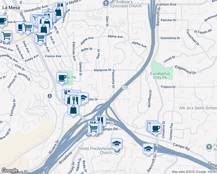 map of restaurants, bars, coffee shops, grocery stores, and more near 4294 Panorama Dr in La Mesa