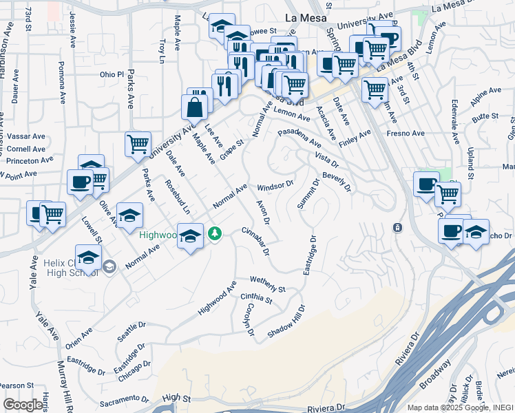 map of restaurants, bars, coffee shops, grocery stores, and more near 4344 Avon Drive in La Mesa
