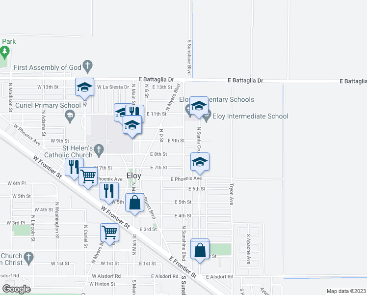 map of restaurants, bars, coffee shops, grocery stores, and more near 902 North Sunshine Boulevard in Eloy