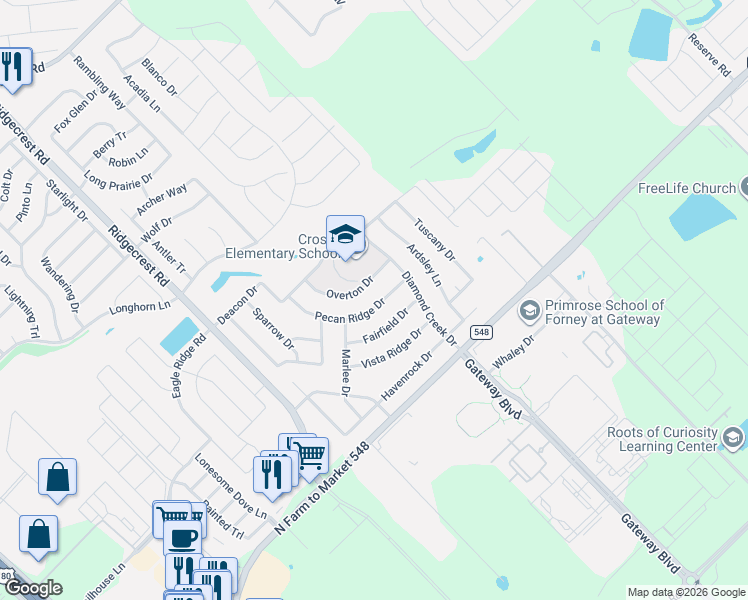 map of restaurants, bars, coffee shops, grocery stores, and more near 2211 Overton Drive in Forney