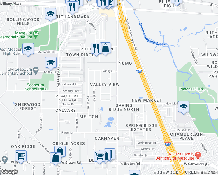 map of restaurants, bars, coffee shops, grocery stores, and more near 1702 Orchid Avenue in Mesquite