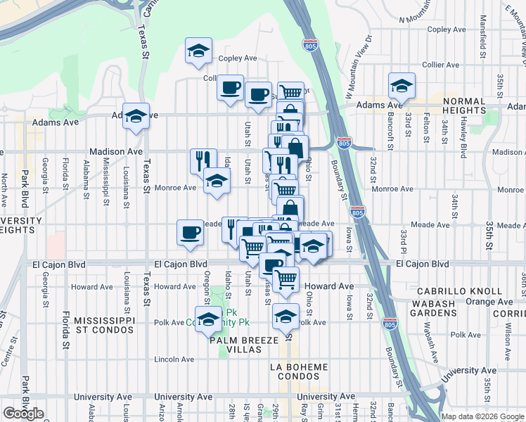 map of restaurants, bars, coffee shops, grocery stores, and more near 4432 Kansas Street in San Diego